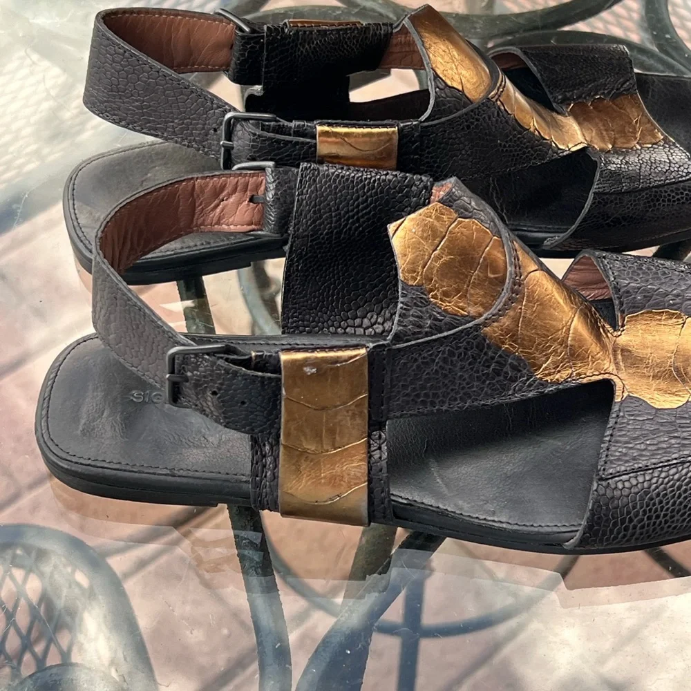 Sigerson Morrison Black and Gold Sandals with Ankle Strap - Picture 4 of 8